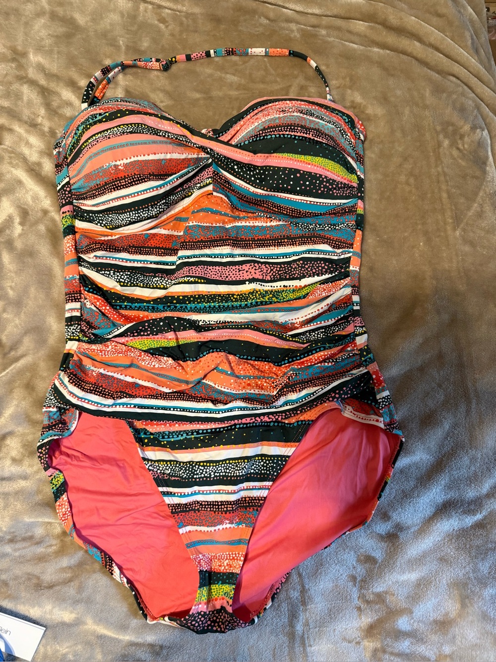 Anne Cole Multicolor Stripe One-Piece Swimsuit with Coral Lining, size 16